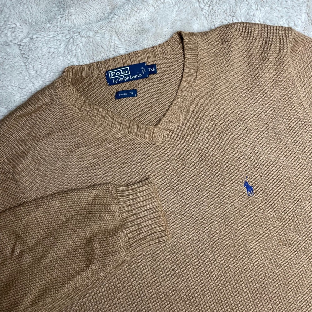 Polo Ralph Lauren Mens XXL Tan Brown V-Neck 100% Cotton Shaker Knit Sweater Pony